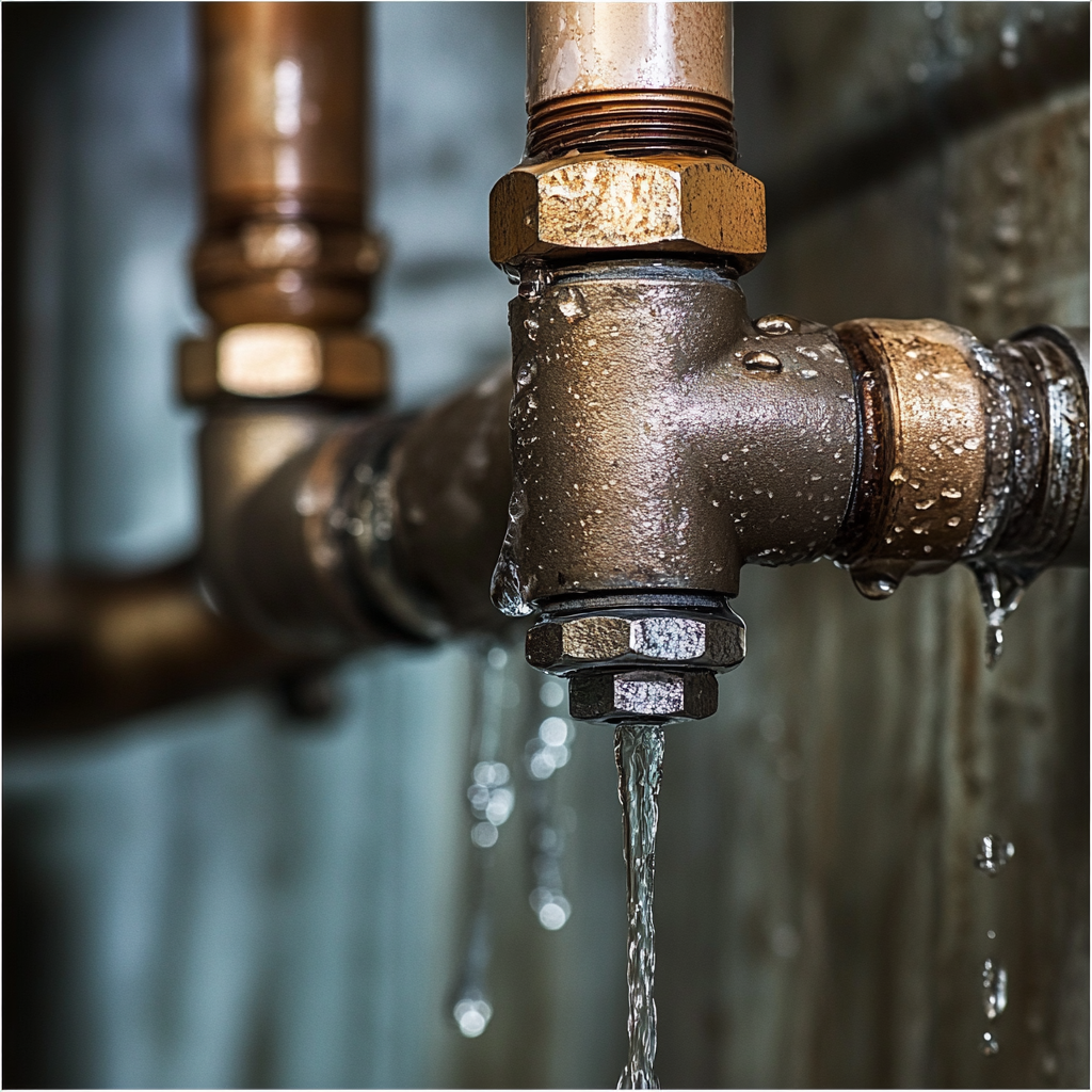 Close-up of leaking water pipe with droplets