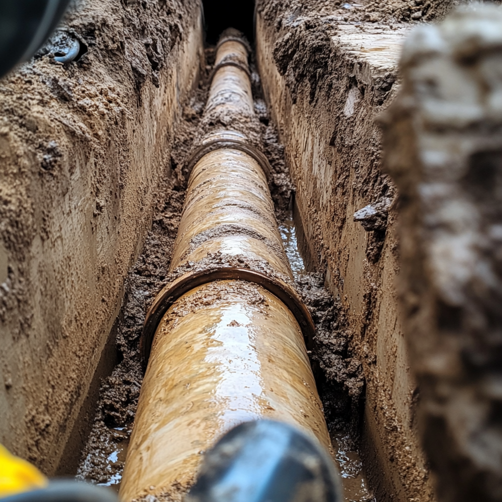 Exposed pipeline in a deep muddy trench.