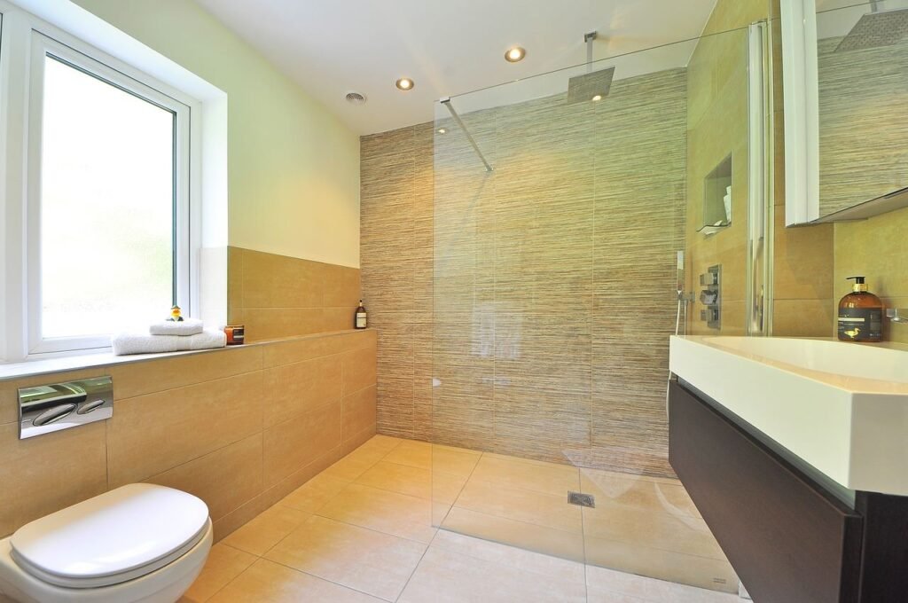 Modern bathroom with large shower and natural light