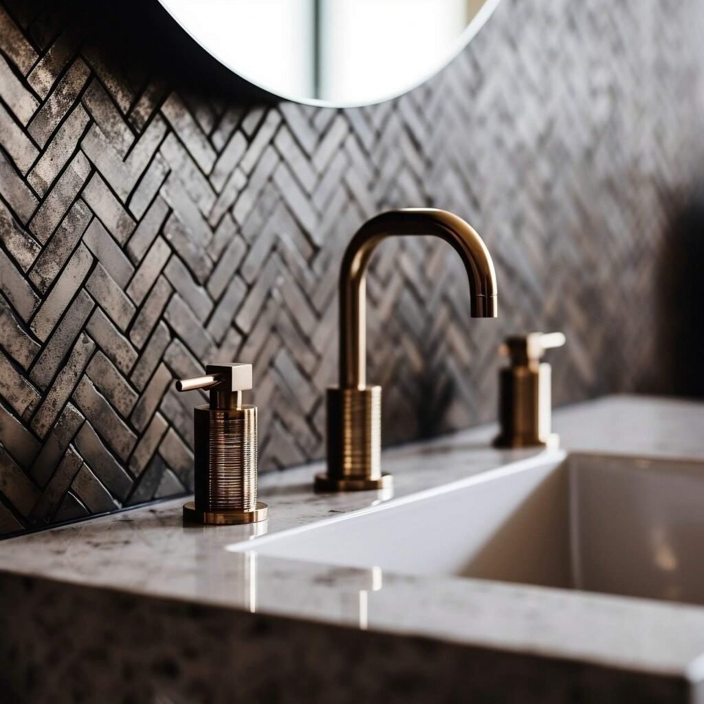 Elegant bathroom sink with herringbone tile and brass faucet