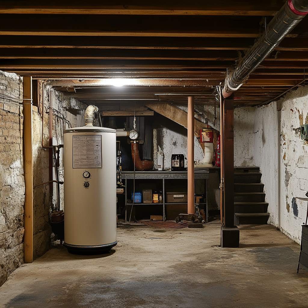 Dimly lit basement with water heater and exposed pipes