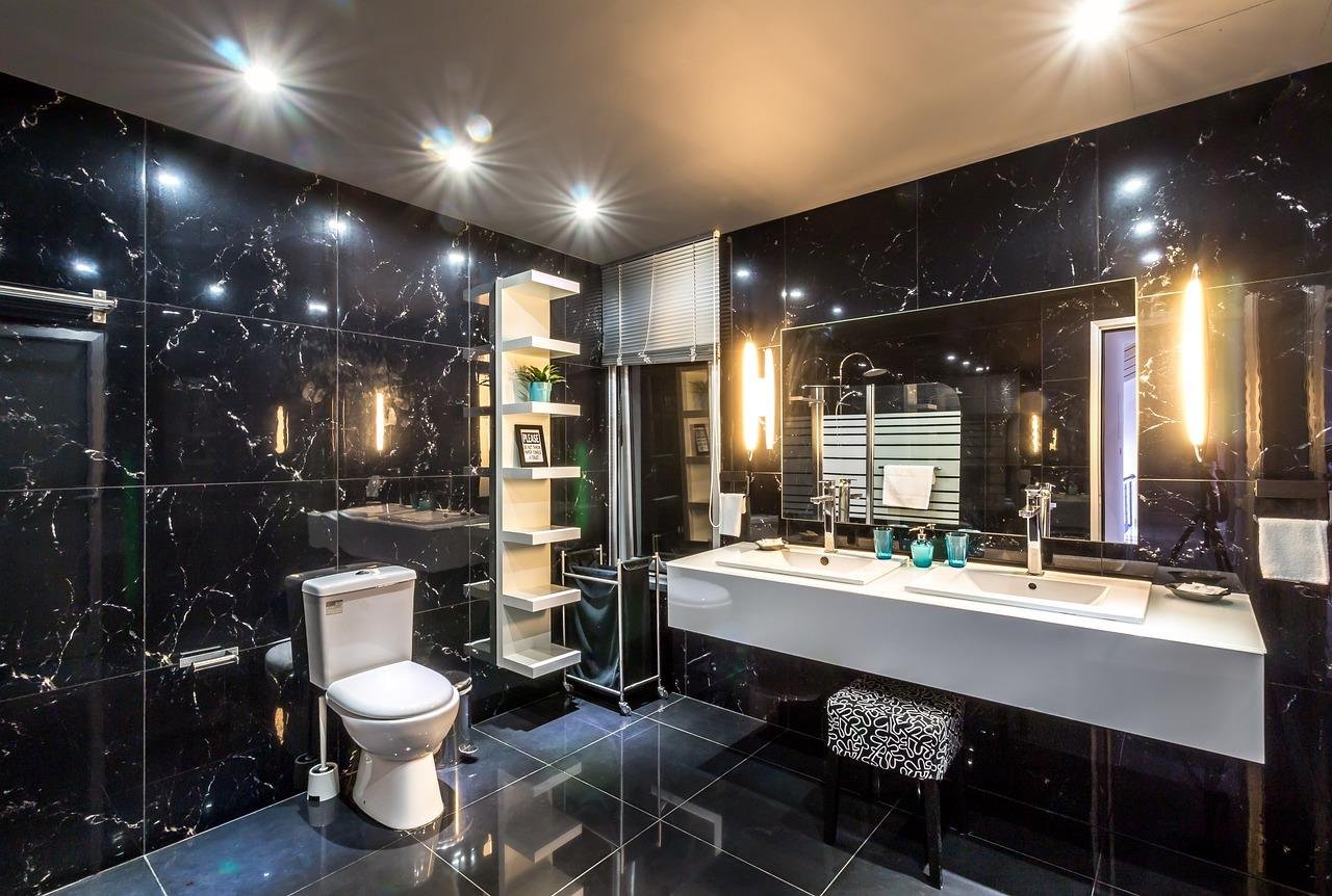 Luxurious modern bathroom with black marble walls