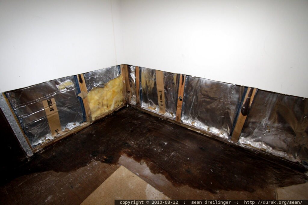 Exposed interior wall insulation and damp floor damage