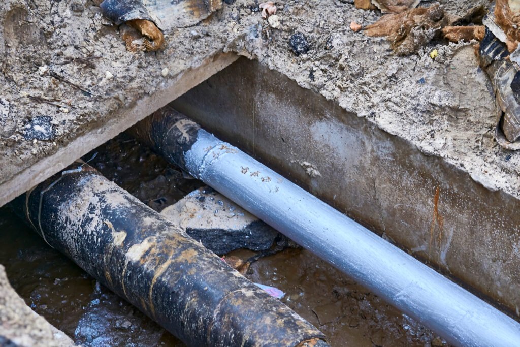 Exposed underground pipes in a construction site