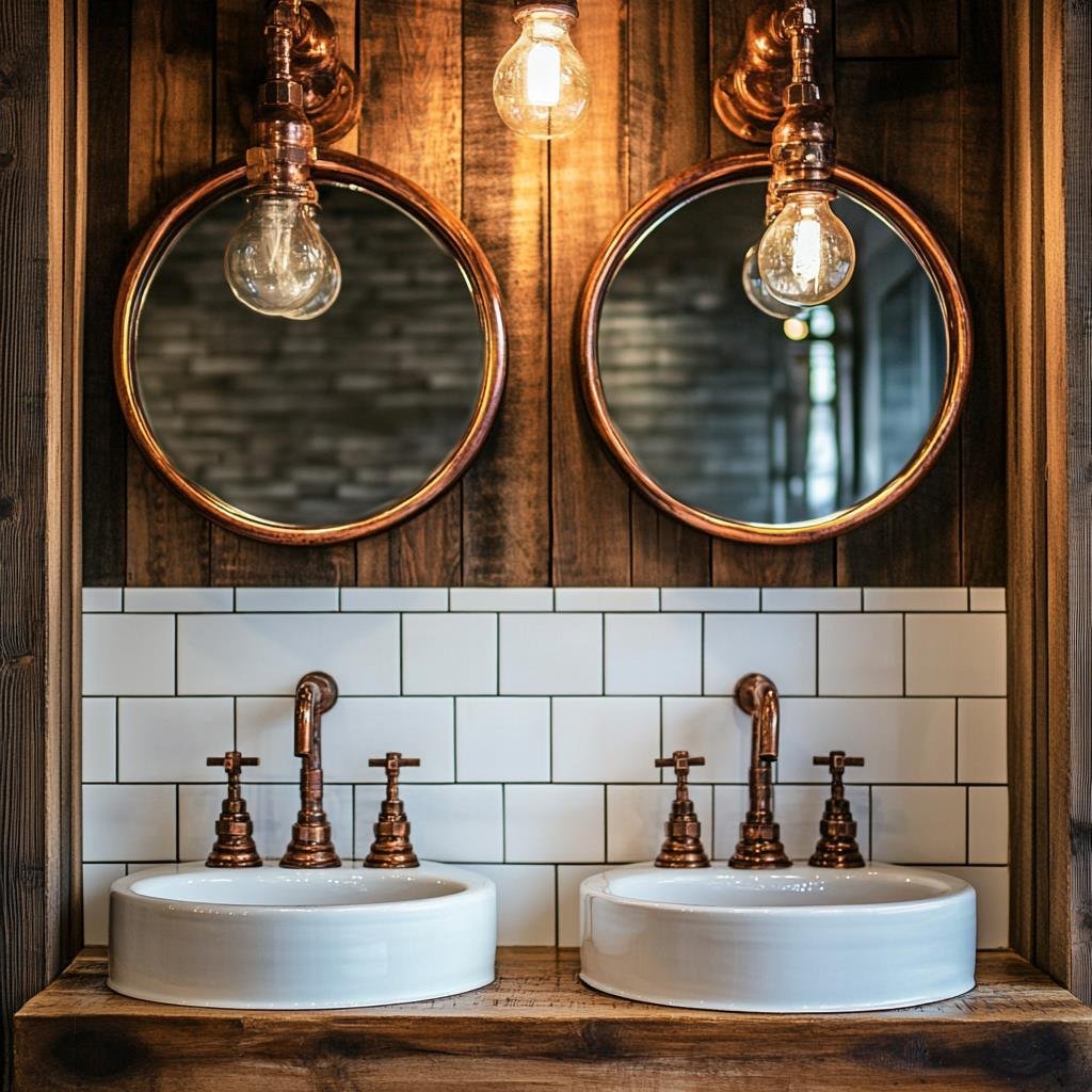 Vintage bathroom sinks with round mirrors and Edison bulbs